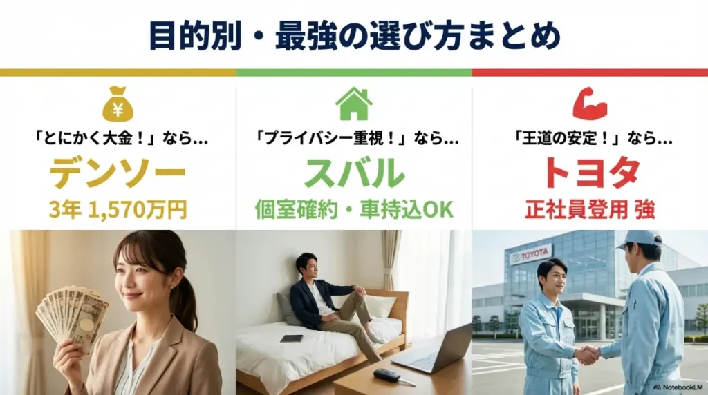 期間工メーカー目的別比較まとめ｜稼ぐならデンソー・個室ならスバル・安定ならトヨタ