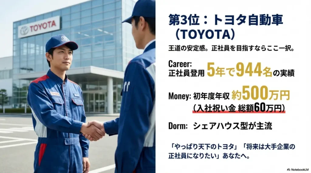 期間工おすすめ3位トヨタ｜正社員登用実績と安定感